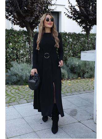 Kadın Uzun Kollu Bisiklet Yaka önden Halka Detaylı Yırtmaçlı Uzun Viskon Iki Iplik Elbise