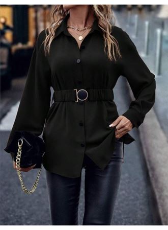 Kadın Uzun Kollu Yakalı önden Düğmeli Belden Kemerli Ithal Krep Bluz