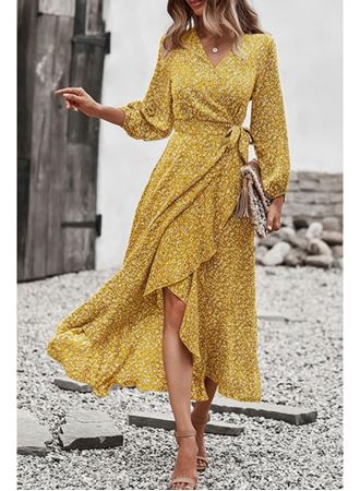 Kadın Uzun Kollu Kruvaze Yaka Yandan Bağlamalı önden Fırfır Detaylı Süprem Uzun Elbise