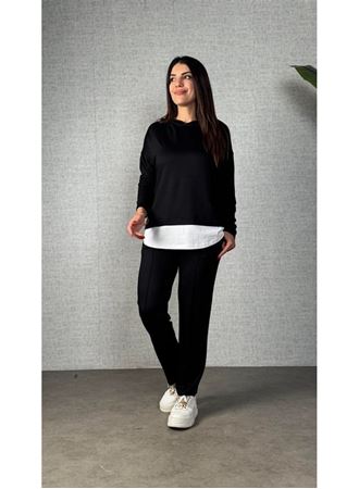 Kadın Uzun Kollu Kapşonlu Bağcıklı Viskon Iki Iplik Bluz Ve Pantolon Ikili Takım