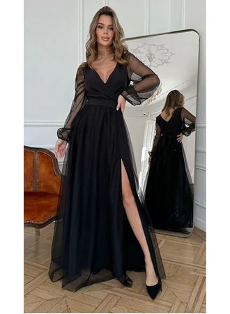 Kadın Uzun Kollu Kruvaze Yakalı Belden Kuşaklı Tüllü Uzun Ithal Krep Elbise