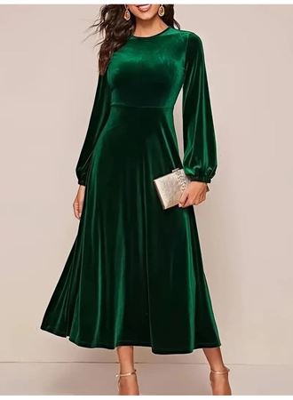 Kadın Uzun Kollu Bisiklet Yaka Midi Kadife Elbise