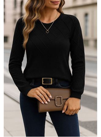 Kadın Uzun Kollu Bisiklet Yaka Geometrik Desenli Triko Bluz