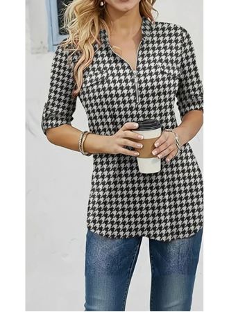 Kadın Uzun Kollu Hakim Yaka Yakadan Fermuarlı Geometrik Desenli Süprem Bluz