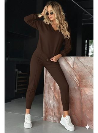 Kadın Uzun Kollu V Yakalı Viskon Iki Iplik Bluz Ve Pantolon Ikili Takım