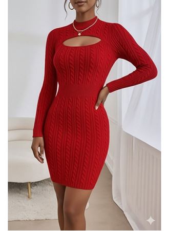 Kadın Uzun Kollu Yarı Balıkçı Yaka Pencere Göğüs Detay Mini Triko Elbise