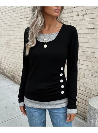 Kadın Uzun Kollu Yuvarlak Yaka Blok Renkli Yandan Düğmeli Viskon Bluz