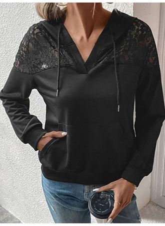 Kadın Uzun Kollu Kapşonlu Bağcıklı Dantelli Viskon Iki Iplik Bluz