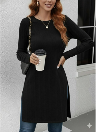 Kadın Uzun Kollu Bisiklet Yaka Iki Yandan Yırtmaç Detay Triko Bluz