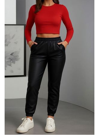 Kadın Paçası Lastikli Cep Detaylı Deri Tayt