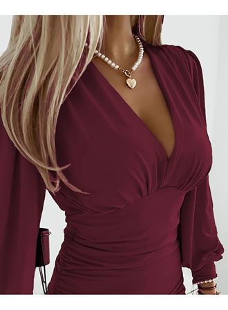 Kadın Uzun Kollu Derin V Yakalı önden Büzgülü Sandy Bluz