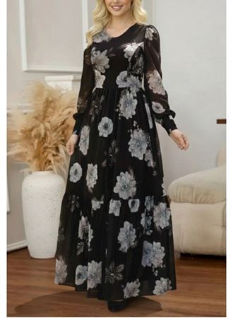 Kadın Uzun Kollu V Yakalı çiçek Desenli Maxi Süprem Elbise