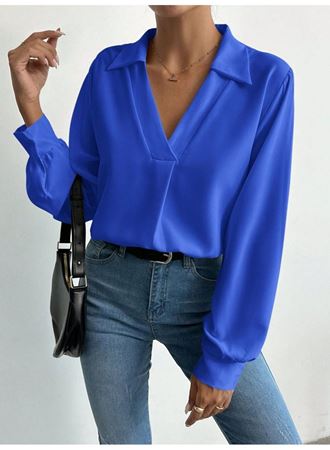 Kadın V Yaka Uzun Kollu Mosskrep Kumaş Bluz