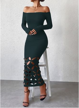 Kadın Madonna Yaka Uzun Kollu Lazer çiçek Kesim Detaylı Uzun Ithal Krep Elbise