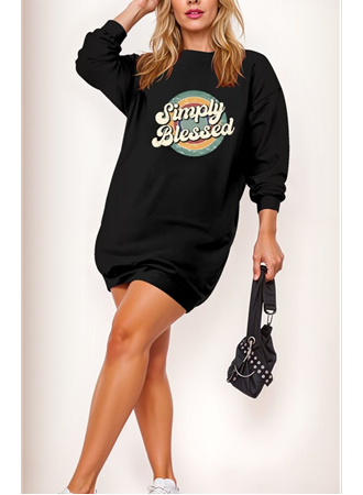 Kadın Uzun Kollu Bisiklet Yaka Yazılı Viskon Iki Iplik Elbise