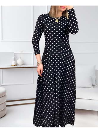 Kadın Krep Kumaş Uzun Kollu Tam Boy Puantiyeli Elbise 132 Cm