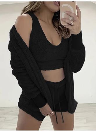 Kadın Uzun Kollu Ceket, Askılı Peluş Bluz Ve şort üçlü Takım