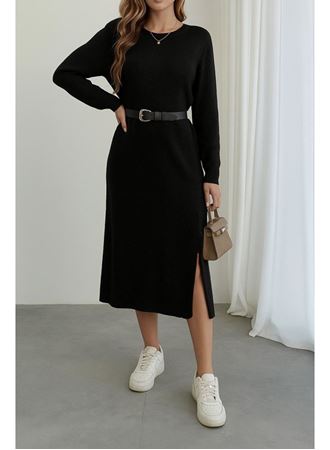 Kadın Uzun Kollu Bisiklet Yaka Yandan Yırtmaçlı Midi Triko Elbise
