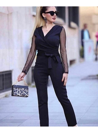 Kadın Uzun Kollu Kruvaze Yakalı Kolları Tül Detay Beli Kuşaklı Ithal Krep Tulum