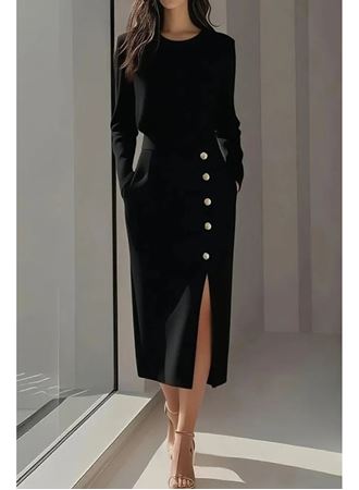 Kadın Uzun Kollu Bisiklet Yakalı Yandan Yırtmaçlı Düğmeli Midi Ithal Krep Elbise