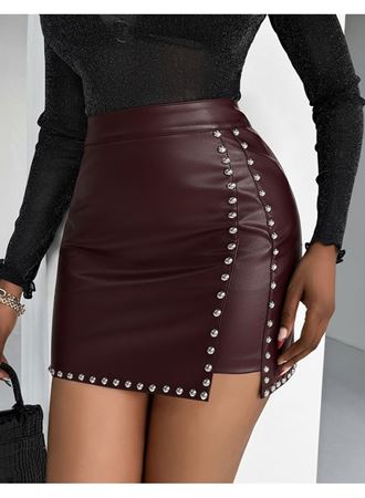 Kadın Yüksek Belli Yandan çivili Mini Deri Etek