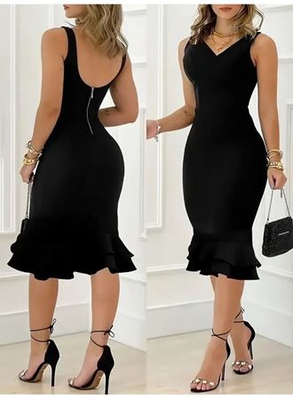 Kadın Askılı V Yaka Arkadan Fermuarlı Dalgıç Elbise