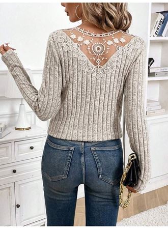 Kadın Uzun Kollu V Yakalı Arkadan Dantel Detaylı şardonlu Kaşkorse Bluz
