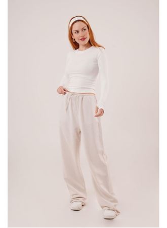Cepli Bağlama Detaylı Keten Ekru Pantolon