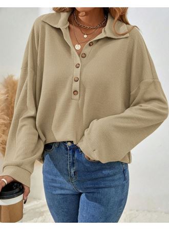 Kadın Uzun Kollu Yakalı Düğmeli Salaş Waffle Bluz