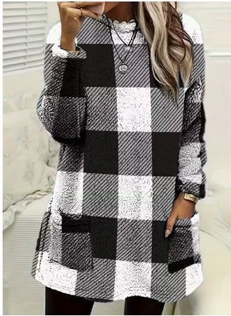 Kadın Uzun Kollu Yarı Balıkçı Yakalı Cep Detaylı Ekoseli Dokuma Tunik