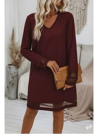 Kadın Uzun Kollu V Yakalı Tül şerit Detaylı Mini Krep Elbise