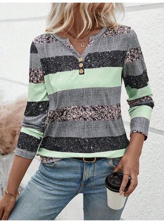Kadın Uzun Kollu Yakadan Düğmeli çizgili Desenli Süprem Bluz