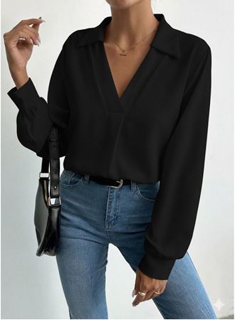 Kadın V Yaka Uzun Kollu Mosskrep Kumaş Bluz