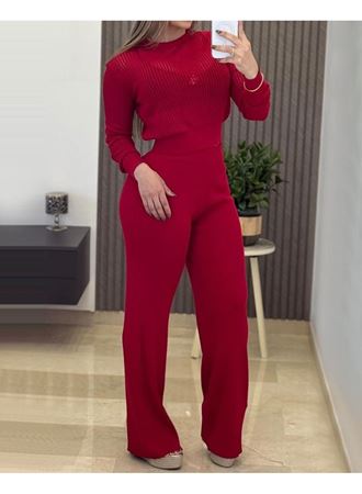 Kadın Uzun Kollu Yuvarlak Yaka Transparan Detaylı Triko Bluz Ve Pantolon Ikili Takım