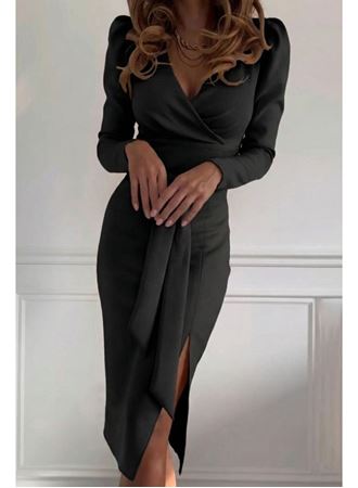 Kadın Uzun Kollu Kruvaze Yakalı Yandan Yırtmaçlı Belden Kuşaklı Midi Ithal Krep Elbise