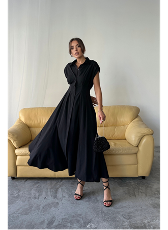 KOLSUZ VATKALI ÖNDEN DÜĞMELİBEL PENS DETAYLI POPLİN ELBİSE - Siyah