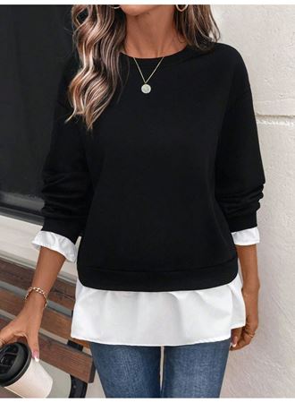 Kadın Uzun Kollu Bisiklet Yaka Viskon Iki Iplik Ve Etek Ucu Trikoton Bluz