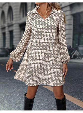 Kadın Uzun Kollu Yakalı Desenli Mini Modal Elbise