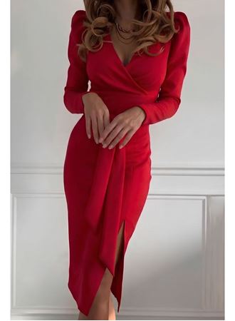 Kadın Uzun Kollu Kruvaze Yakalı Yandan Yırtmaçlı Belden Kuşaklı Midi Ithal Krep Elbise