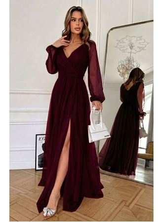 Kadın Uzun Kollu Kruvaze Yakalı Belden Kuşaklı Tüllü Uzun Ithal Krep Elbise