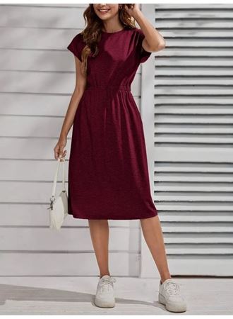 Kadın Kısa Kollu Bisiklet Yaka Belden Lastikli Midi Viskon Elbise
