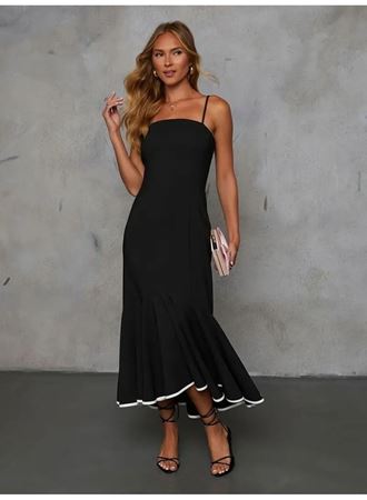 Kadın Ip Askılı Straplez Kesim Detay Maksi Boy Janjan Krep Elbise