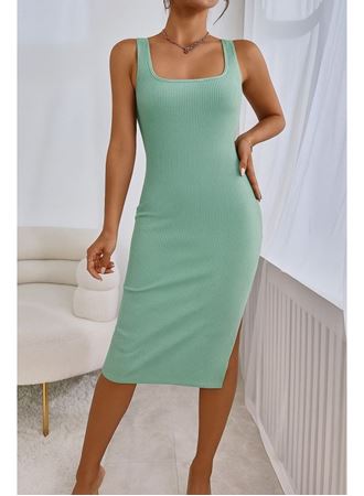 Kadın Askılı Kare Yaka Yandan Yırtmaçlı Midi Kaşkorse Elbise