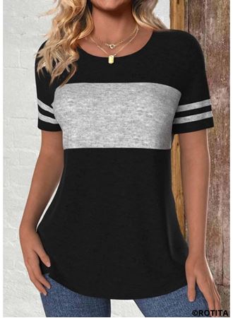 Kadın Kısa Kollu Bisiklet Yaka çift Renkli Viskon Bluz