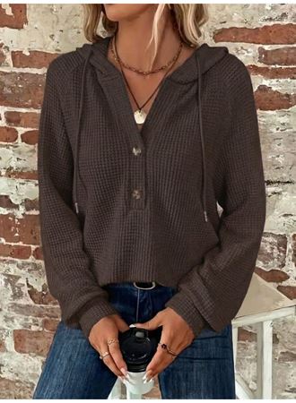 Kadın Uzun Kollu Kapşonlu önü Düğmeli Ve Bağcıklı Waffle Bluz