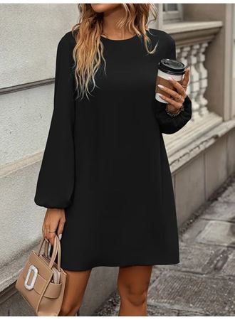 Kadın Uzun Kollu Yuvarlak Yaka Mini Ithal Krep Elbise