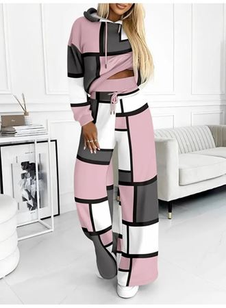 Kadın Uzun Kollu Kapşonlu Bağcıklı Desenli Iki Iplik Bluz Ve Pantolon Ikili Takım