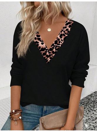 Kadın Uzun Kollu V Yakalı Leopar Detaylı Viskon Iki Iplik Bluz