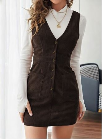 Kadın Askılı V Yakalı önden Düğmeli Mini Kalın Fitilli Kadife Elbise