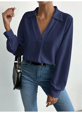 Kadın V Yaka Uzun Kollu Mosskrep Kumaş Bluz